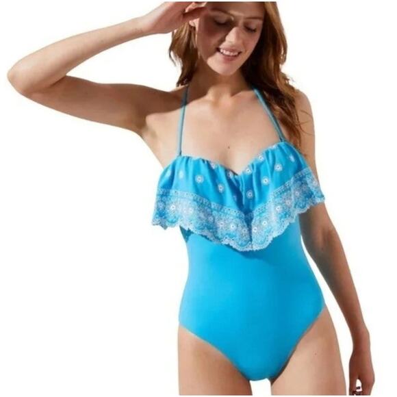 Loft Beach Embroidered Eyelet One Piece Swimsuit Blue Size 80 - Picture 1 of 12